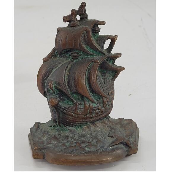 Vintage‎ English Galleons Bronze Heavy Metal Pair of Signed Bookends - Picture 3 of 11